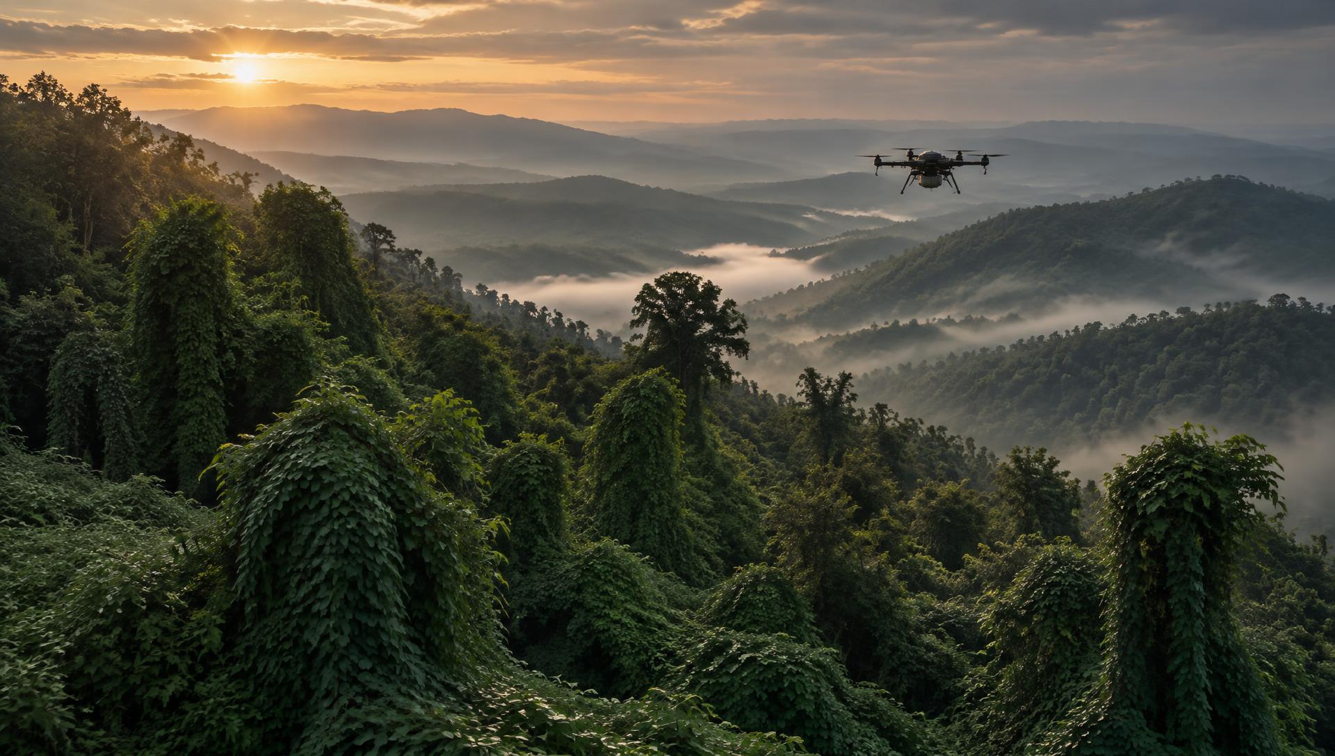 Kudzu-covered ridges in the Appalachian mountains at sunrise with a spray drone overhead